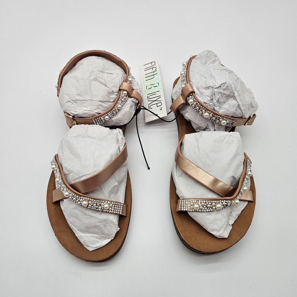 Fifth & Luxe Rose Gold Rhinestone Pearl Embellished Flat Sandals Size 7